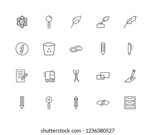 Set Of 20 linear content icons such as Drawer, Hide, Pencil, Zoom in, Quill, Scissors, Edit, Bin, editable stroke vector icon pack