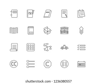 Set Of 20 linear content icons such as Next week, Thumbnails, Copyright, Creative commons, Notebook, Open book, Nodes, Newspaper, Book, editable stroke vector icon pack
