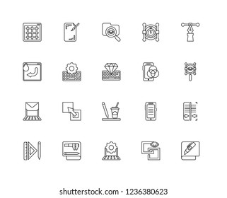 Set Of 20 linear Creative pocess icons such as Cutting, Square, Laptop, , Graphic tool, Smartphone, Coffee, Keyboard, Folder, editable stroke vector icon pack