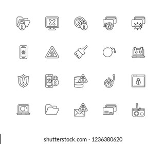 Set Of 20 linear Cyber icons such as Fishing, Cit card, Mail, Folder, Virus, Server, Shield, Risk, editable stroke vector icon pack