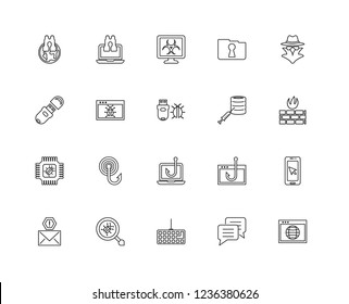 Set Of 20 linear Cyber icons such as Browser, Chat, Keylogger, Malware, Spam, Spy, Code injection, Fishing, Chip, editable stroke vector icon pack
