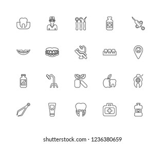 Set Of 20 linear dentist icons such as Mouthwash, Location, Dental needle, Medicine, Tweezers, Dentist, Apple, Mouth, editable stroke vector icon pack