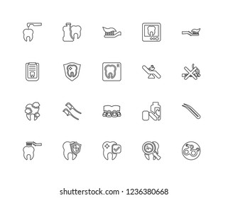 Set Of 20 linear dentist icons such as Virus, Tooth, Healthy tooth, Dental care, Toothbrush, Chair, Braces, Teeth, Dental, editable stroke vector icon pack