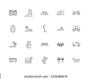 Set Of 20 linear desert icons such as Horse, Palm, Cactus, Map, Bus, Motorcycle, Placeholder, Grass, , Desert, Mountain, editable stroke vector icon pack