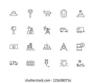 Set Of 20 linear desert icons such as Desert, Beetle, Scorpion, Fence, Truck, Sun, Car, Industry, Petroleum, Explosion, Camel, editable stroke vector icon pack