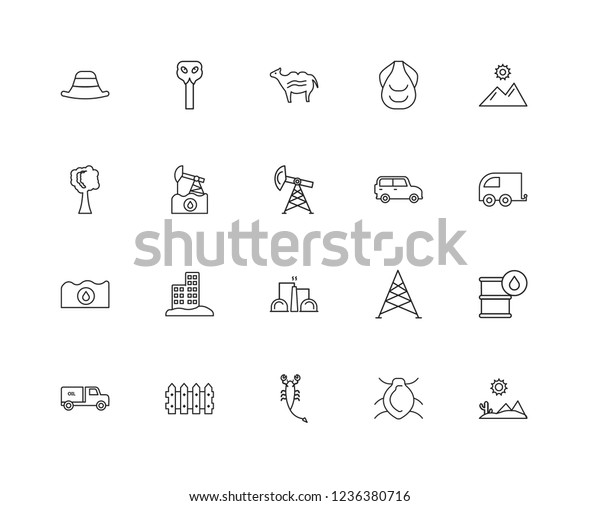 Set Of 20 linear desert icons\
such as Desert, Beetle, Scorpion, Fence, Truck, Sun, Car, Industry,\
Petroleum, Explosion, Camel, editable stroke vector icon\
pack