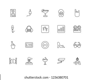 Set Of 20 linear discotheque icons such as Floor, Security camera, Cocktail, DJ, Entrance, Rock, Equalizer, Record, Wine, Headphones, editable stroke vector icon pack