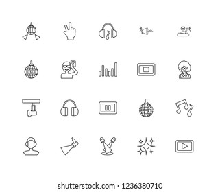 Set Of 20 linear discotheque icons such as Play button, Sparkle, Dance floor, Spotlight, DJ, Stop, Pause, Music, editable stroke vector icon pack