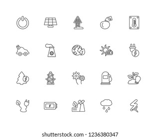 Set Of 20 linear Ecology icons such as Renewable energy, Plug, Thermometer, Natural product, Solar panel, Gas station, Electric car, editable stroke vector icon pack