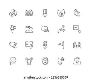 Set Of 20 linear Ecology icons such as Eco bag, Light, Timer, energy, Hydroelectric power station, Bio, Sprout, Lightbulb, Save water, Leaf, Light bulb, editable stroke vector icon pack