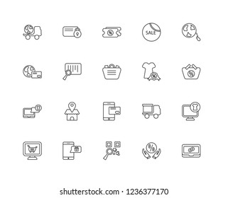 Set Of 20 linear ecommerce icons such as Laptop, Percentage, Qr code, Gift, Online shop, Internet, Discount, Pay, Barcode, editable stroke vector icon pack