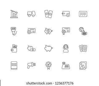 Set Of 20 linear ecommerce icons such as Gallery, Cash register, Quality, Barcode scanner, Invoice, Barcode, Cit card, Piggy bank, Wallet, Money, editable stroke vector icon pack