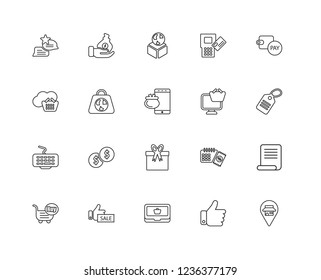 Set Of 20 linear ecommerce icons such as Placeholder, Like, Online shop, Sale, Buy, Pay, Gift, Keyboard, Shopping bag, Box, editable stroke vector icon pack