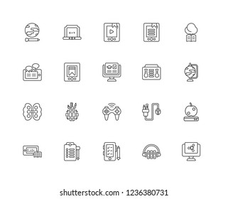 Set Of 20 linear elearning icons such as Links, Headphones, Online test, List, Progress, Cloud storage, Science, Gamepad, Brain, Ebook, Video player, editable stroke vector icon pack