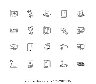 Set Of 20 linear electronic devices icons such as Ram, Router, Tablet, Remote, Watch, Micro sd, Settings, Cable, Modem, editable stroke vector icon pack