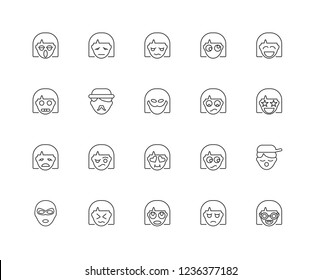 Set Of 20 linear Emotions icons such as Nerd, Dissapointment, Shocked, Angry, Superhero, Laughing, Sca, Love, Emotion, Gentleman, Sad, editable stroke vector icon pack