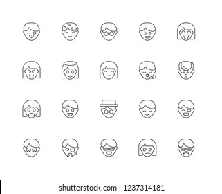 Set Of 20 linear Emotions icons such as Gentleman, Sad, Happy, Gangster, Shocked, Smoked, Sca, Angel, Smug, editable stroke vector icon pack