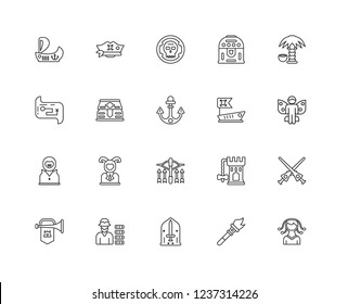 Set Of 20 linear fairy tale icons such as Medusa, Torch, Stained glass, Leprechaun, Fanfare, Island, Pirate ship, Crossbow, Dracula, Chest, Coin, editable stroke vector icon pack