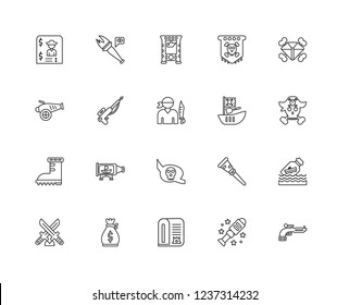 Set Of 20 linear fairy tale icons such as Pistol, Telescope, Scroll, Money bag, Dagger, Diamond, Boat, Eye patch, Boots, Harpoon, Guillotine, editable stroke vector icon pack