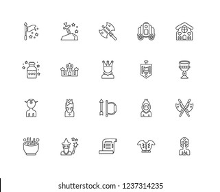 Set Of 20 linear fairy tale icons such as Knight, Armor, Scroll, Wizard, Cauldron, Gingerbread house, Standard, Bow and arrow, Elf, Palace, Axe, editable stroke vector icon pack
