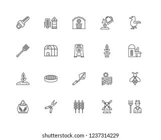 Set Of 20 linear Farming and gardening icons such as Farmer, Wind Mill, Wheat, Shears, Sack, Duck, Plant, Trowel, Growing house, Barn, editable stroke vector icon pack