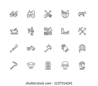 Set Of 20 linear Farming and gardening icons such as Bucket, Sheep, Honey, Pig, Scythe, Cow, Milk Products, Axe, Billhook, Farmer, Farm Tools, editable stroke vector icon pack