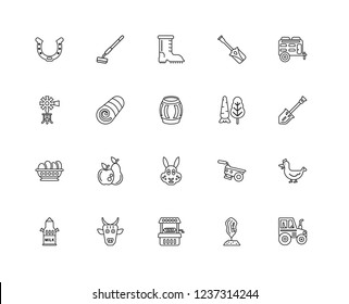 Set Of 20 linear Farming and gardening icons such as Tractor, Tree, Well, Cow, Milk, Trailer, Vegetables, Rabbit, Eggs, Bale of Hay, Boot, editable stroke vector icon pack