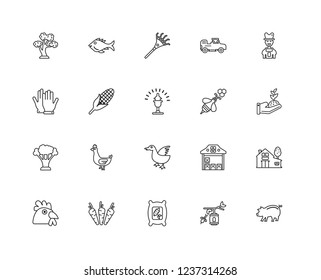 Set Of 20 linear Farming and gardening icons such as Pig, Beehive, Fertilizer, Carrots, Chicken, Farmer, Bee, Duck, Broccoli, Corn, Rake, editable stroke vector icon pack