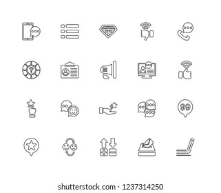 Set Of 20 linear feedback icons such as Feedback, Vote, Rate, Review, Phone call, Testimonial, Favorite, Like, Id card, Quality, editable stroke vector icon pack