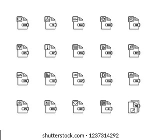 Set Of 20 linear file type icons such as Psd, AI, Ico, Doc, Jpg, Iso, Htm, Asp, Svg, Zip, Rar, editable stroke vector icon pack