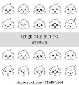 Set of 20 Linear Funny Girl Cavy  Emoticons. Cartoon guinea pig, isolated on transparent background 