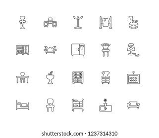 Set Of 20 linear Furniture Household icons such as Sofa, Shelves, Bunk bed, Stool, Bed, Rocking chair, Chair, Bookshelve, Table with sofa, Coat stand, editable stroke vector icon pack