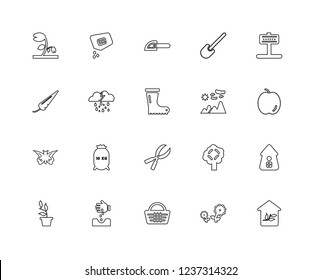 Set Of 20 Linear Gardening Icons Such As House, Flower, Basket, Seeds, Plant, Garden, Sunrise, Scissors, Butterflies, Raining, Chainsaw, Editable Stroke Vector Icon Pack