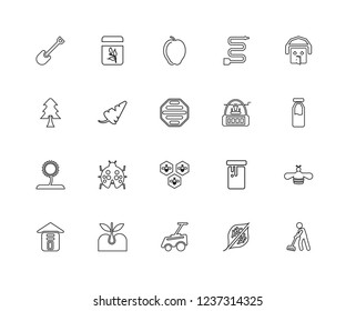 Set Of 20 linear Gardening icons such as Gardener, Leaf, Lawn mower, Sprout, Warehouse, Barn, Well, Honeycomb, Sunflower, Carrot, Apple, editable stroke vector icon pack