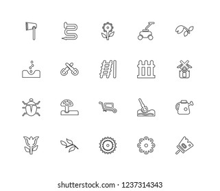 Set Of 20 linear Gardening icons such as Paintbrush, Flower, Sun, Leaves, Tulip, Sprout, Fence, Trolley, Bug, Shovel, editable stroke vector icon pack