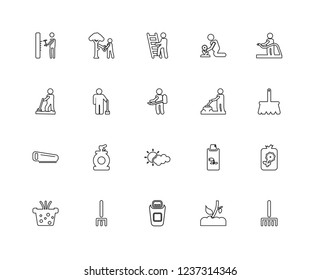 Set Of 20 linear Gardening icons such as Rak, Sprout, Bucket, Fork, Plant, Hose, Gardener, Cloudy, Saw, Brooming, Ladder, editable stroke vector icon pack