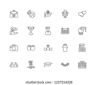 Set Of 20 linear Graduation and Education icons such as University, Cupcake, Handshake, Microphone, Glasses, Graduation, Conference, editable stroke vector icon pack