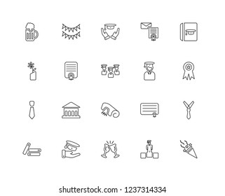 Set Of 20 linear Graduation and Education icons such as Confetti, Quality, Thesis, Invitation, Book, Garland, Merit, Bouquet, editable stroke vector icon pack