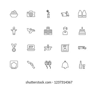 Set Of 20 linear Graduation and Education icons such as Champagne, Bell, Balloon, Sash, Theater, Jacket, Graduated, Mortarboard, Medal, Airplane, Flowers, editable stroke vector icon pack