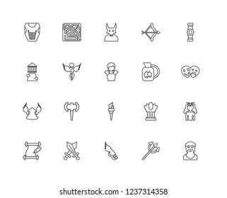 Set Of 20 linear Greece icons such as Plato, Poseidon, Hermes, Swords, Literature, Column, Olive oil, Torch, Caduceus, Minotaur, editable stroke vector icon pack