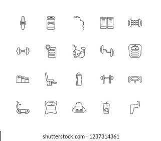 Set Of 20 linear GYM and fitness icons such as Muscles, Juice, Gym bag, Weight, Treadmill, Resistance, Bottle, Workout, Jump rope, editable stroke vector icon pack