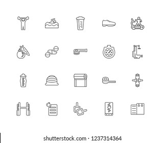 Set Of 20 linear GYM and fitness icons such as Workout, Weightlifting, Running Treadmill, Sport Shoe, Man Swimming, Measuring tape, Carrot Apple, editable stroke vector icon pack