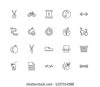 Set Of 20 linear GYM and fitness icons such as Arms Extender, Stationary Bike, Weightlifting, Yin Yang, Vegetables Juice, Diet, Skip Rope, editable stroke vector icon pack