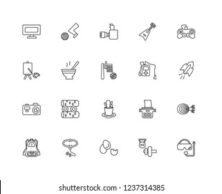 Set Of 20 linear hobbies icons such as Snorkel, Dumbbell, Egg, Kite, Backpack, Joystick, Tablet, Cactus, Camera, Cooking, editable stroke vector icon pack