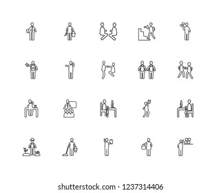Set Of 20 linear humans icons such as Storekeeper, Fighting, Smartphone Call, Nature Photographer, Gardener with Hat, Painter Paint Bucket, Pain, Waitress, editable stroke vector icon pack