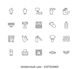 Set Of 20 linear Hygiene icons such as Clothes, Clean dishes, Bathroom, Tissue, Deodorant, Socks, Pedicure, Comb, Cup, Hand dryer, editable stroke vector icon pack