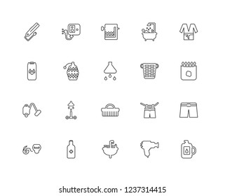 Set Of 20 linear Hygiene icons such as Detergent, Hairdryer, Bathroom, Antiseptic, Floss, Bathrobe, Laundry basket, Brush, Vacuum, Perfume, Towel, editable stroke vector icon pack