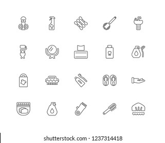 Set Of 20 linear Hygiene icons such as Shower cap, Comb, Electric razor, Soap, Cream, Sink, Mouthwash, Toothbrush, Deodorant, Mirror, Cotton swabs, editable stroke vector icon pack