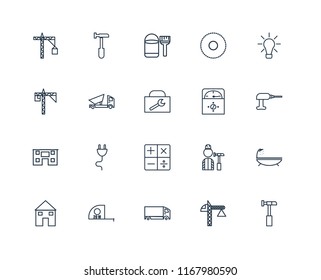 Set Of 20 linear icons such as Hammer, Crane, Delivery truck, Measuring tape, House, Idea, Voltmeter, Calculator, Dumper, Paint bucket, editable stroke vector icon pack