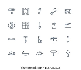 Set Of 20 linear icons such as Trowel, Paint roller, Protractor, Bathtub, Dumper, House, Sink, Worker, Ruler, Calculator, Plug, editable stroke vector icon pack